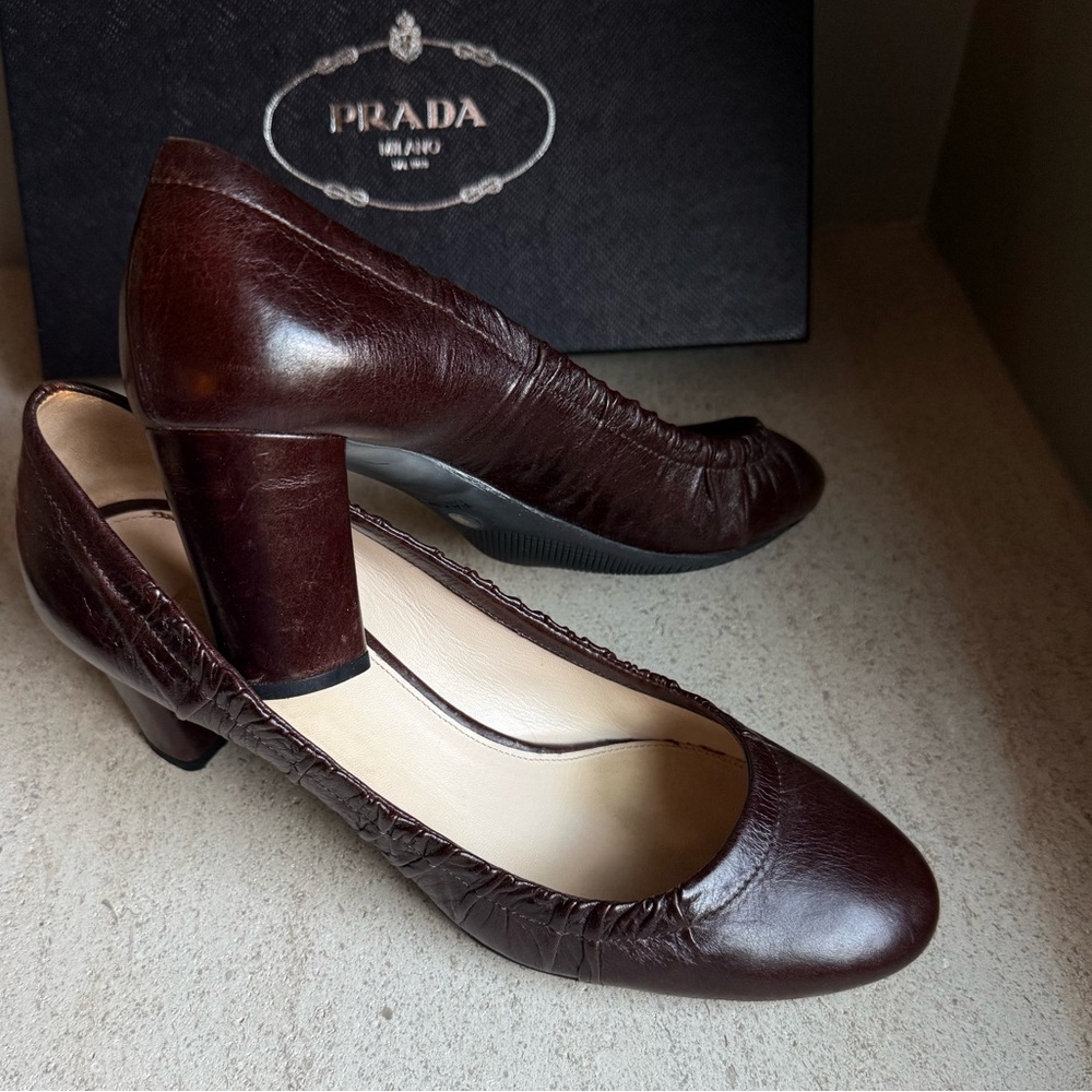 PRADA pumps block heel 39.5 brown chocolate gathered around leather - Picture 1 of 8